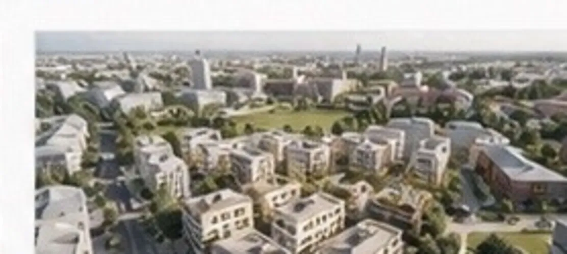 Quartiersvisualisierung aus erhöhter Perspektive mit mehreren Gebäuden, Straßen und Freiräumen